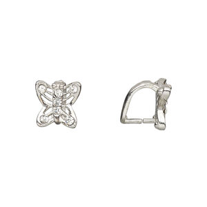 Bail, ice-pick, Egyptian glass rhinestone and imitation rhodium-plated brass, clear, 10x9mm butterfly, 7mm grip length. Sold per pkg of 6.