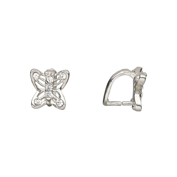 Bail, ice-pick, Egyptian glass rhinestone and imitation rhodium-plated brass, clear, 10x9mm butterfly, 7mm grip length. Sold per pkg of 6. image number 0