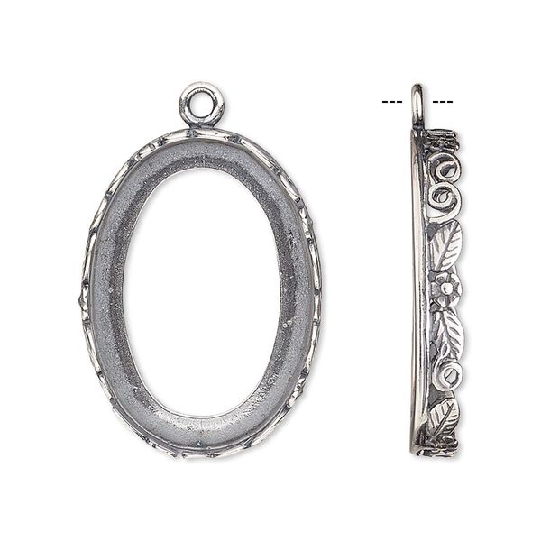 Drop, JBB Findings, antique silver-plated brass, 27x20mm oval with open back and flower and leaf design trim, 25x18mm oval bezel setting. Sold individually. image number 0