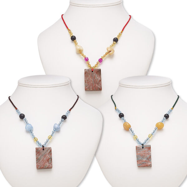 Rhodonite / multi-gemstone / acrylic 1pkg3, wavy rectangle necklace B- grade, continuous 20 inch mix 40x27mm-41x30mm image number 0