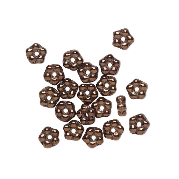 Bead, Preciosa, Czech pressed glass, opaque dark bronze luster, 5x2mm forget-me-not flower. Sold per pkg of 50. image number 0