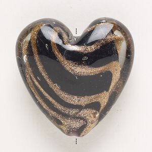 Bead, lampworked glass, pkg/1, opaque and translucent black with copper-colored glitter, 34-36mm puffed heart.