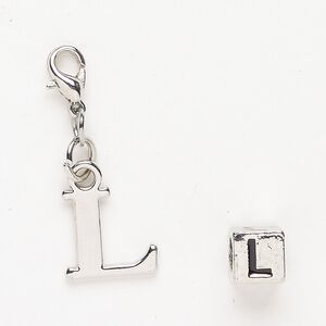 Charm and bead 1pkg2 antiqued silver-finished "pewter" (zinc-based alloy) / steel / enamel, black, 13x12mm "L" with lobster claw clasp and 7mm cube with "L".