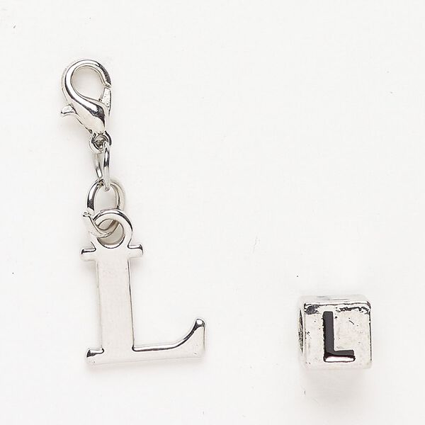 Charm and bead 1pkg2 antiqued silver-finished "pewter" (zinc-based alloy) / steel / enamel, black, 13x12mm "L" with lobster claw clasp and 7mm cube with "L". image number 0