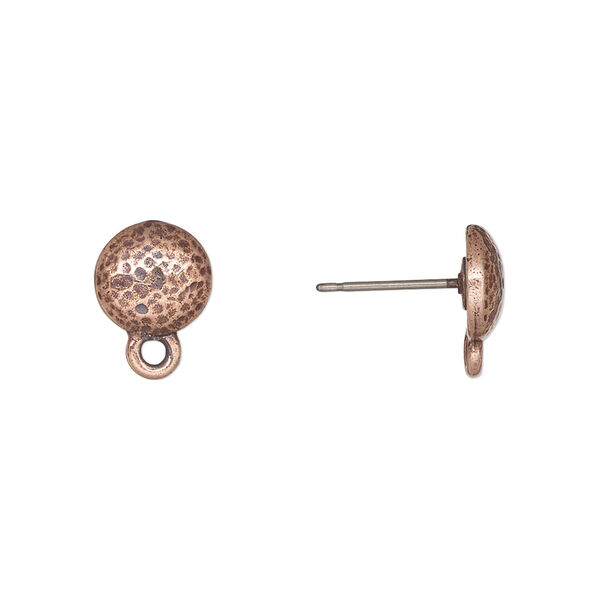 Earstud, TierraCast®, "Hammertone" collection, antique copper-plated pewter (tin-based alloy), 9mm hammered round with closed loop and titanium post. Sold per pkg of 5 pairs. image number 0