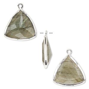 Drop, labradorite (natural) and sterling silver, 16mm two-sided faceted triangle. Sold per pkg of 2.