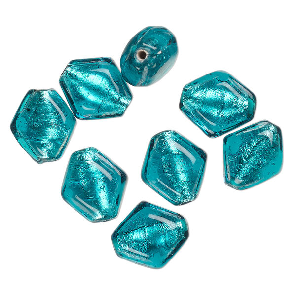 Bead, lampworked glass, opaque teal blue, 16x15mm-14x12mm puffed kite with silver-colored foil. Sold per pkg of 8. image number 0