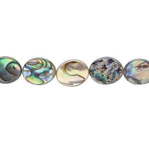 Bead, paua shell (assembled), 10x8mm flat oval, Mohs hardness 3-1/2. Sold per 15-1/2" to 16" strand.
