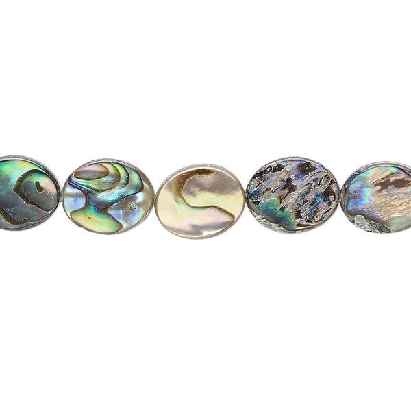 Bead, paua shell (assembled), 10x8mm flat oval, Mohs hardness 3-1/2. Sold per 15-1/2" to 16" strand. image number 0