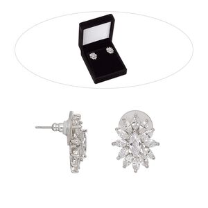 Earstud, cubic zirconia / stainless steel / rhodium-finished brass, clear, 19.5mm flower with post. Sold per pair.