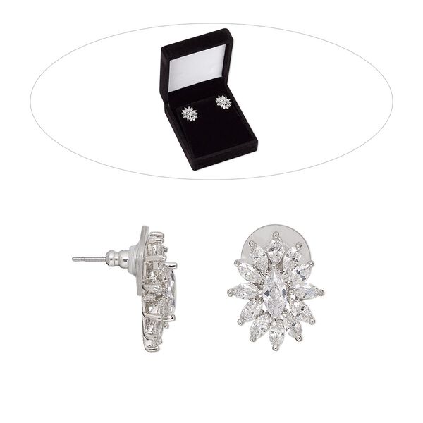 Earstud, cubic zirconia / stainless steel / rhodium-finished brass, clear, 19.5mm flower with post. Sold per pair. image number 0