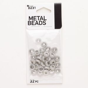 Bead, "pewter" (zinc-based alloy), pkg/32, silver finish, 7x3mm beaded rondelle.