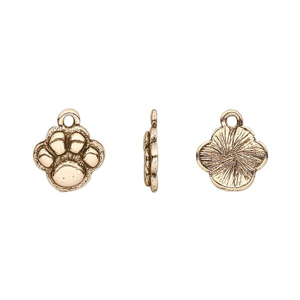 Charm, antique gold-plated pewter (tin-based alloy), 12x10mm single-sided paw print. Sold per pkg of 4. image number 0