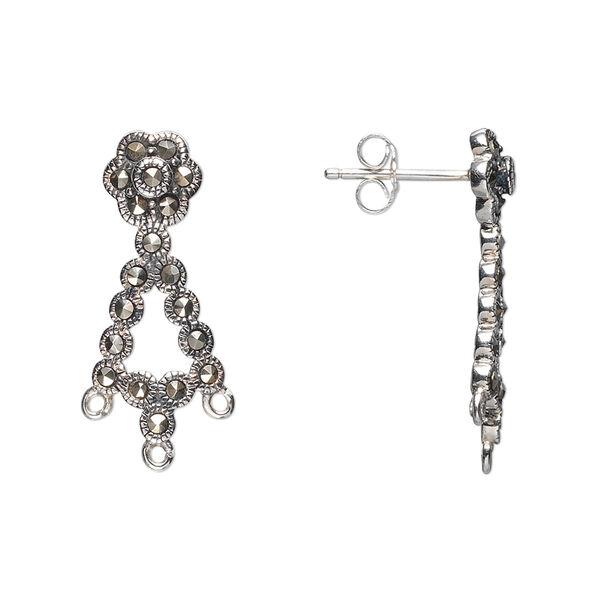 Earstud, marcasite (natural) and sterling silver, 23x10mm flower with 3 open loops. Sold per pair. image number 0