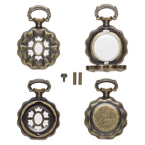 Watch body, acrylic and antique brass-finished "pewter" (zinc-based alloy), transparent clear, 41x27mm with 27mm round and flower design. Sold per 5-piece set.