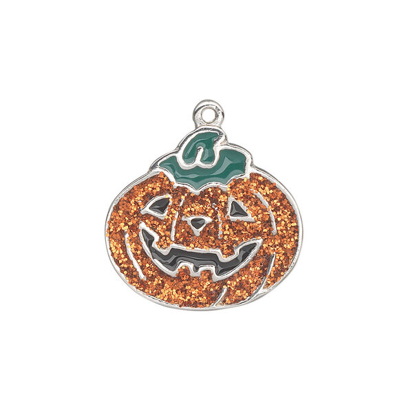 Charm, silver-plated "pewter" (zinc-based alloy) and enamel, orange / black / green with glitter, 21x20mm single-sided pumpkin. Sold individually. image number 0