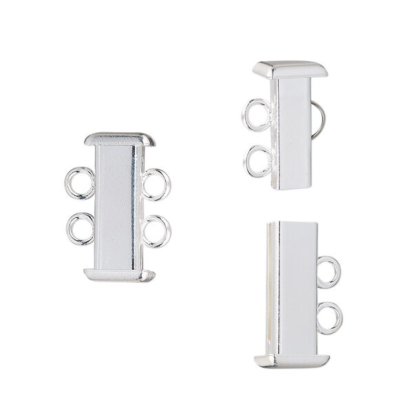 Clasp, 2-strand slide lock, silver-plated brass, 16x7mm rectangle tube. Sold per pkg of 4. image number 0