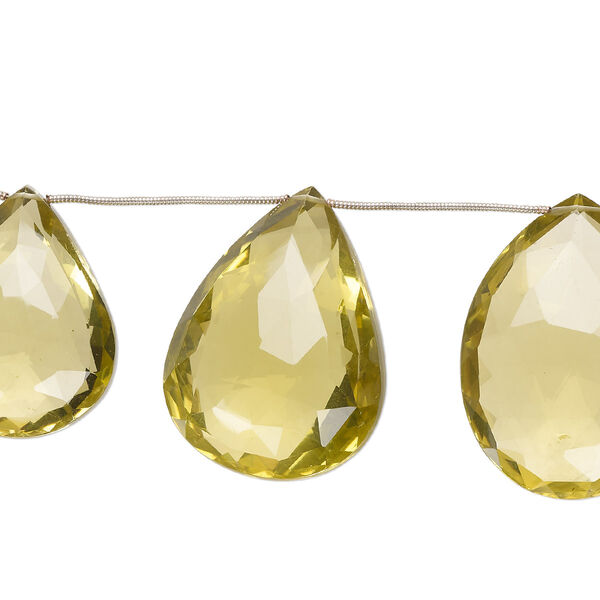 Bead, lemon quartz (heated), 29x22mm-40x30mm hand-cut top-drilled faceted puffed teardrop, B+ grade, Mohs hardness 7. Sold per pkg of 7. image number 0
