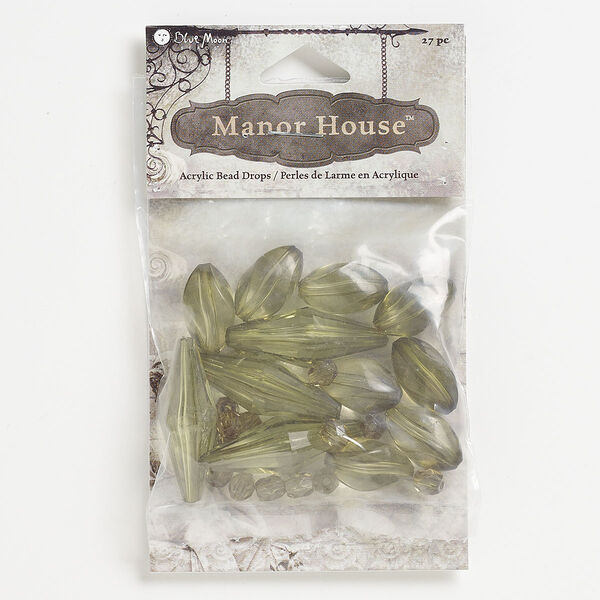Bead mix, acrylic, transparent olive green, 6mm-36x13mm faceted double cone / faceted barrel / twisted oval. Sold per pkg of 27. image number 0