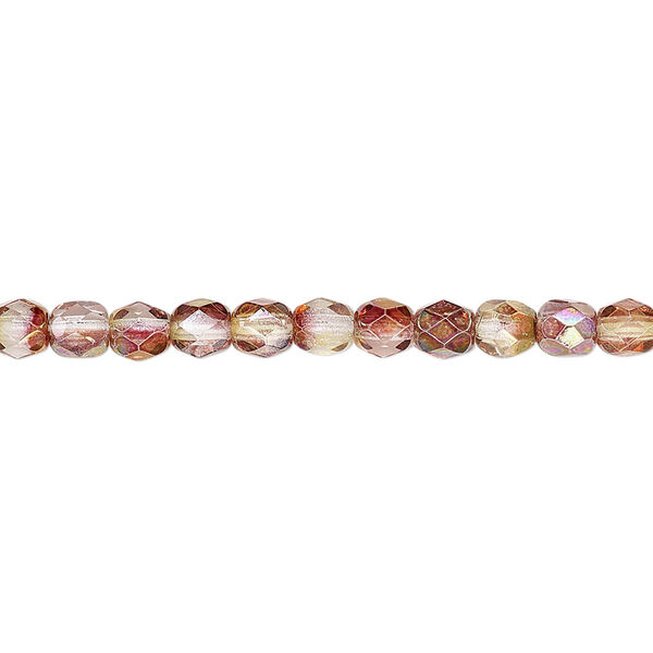 Bead, Czech fire-polished glass, pink and peach luster, 4mm faceted round. Sold per 15-1/2" to 16" strand. image number 0