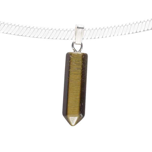 Pendant, tigereye (natural) and silver-plated "pewter" (zinc-based alloy), 21x6mm point. Sold individually. image number 0