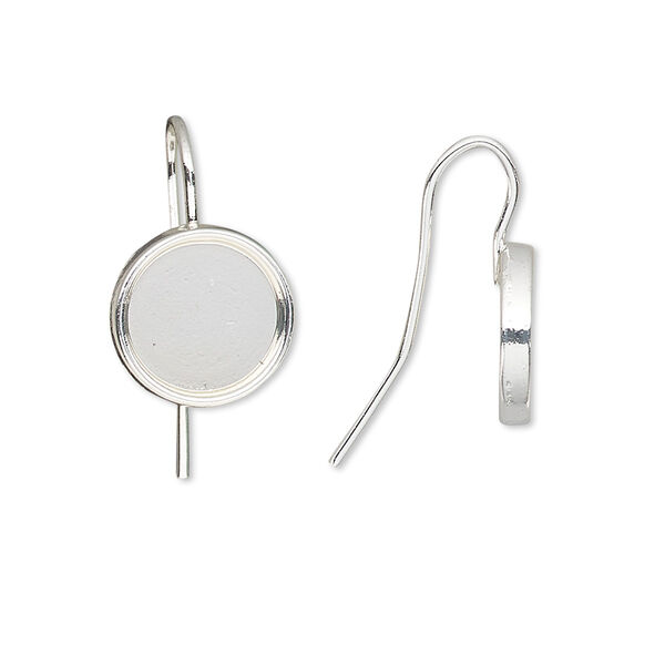 Ear wire, Almost Instant Jewelry®, silver-finished brass, 19mm fishhook with 10mm round glue-in setting, 18 gauge. Sold per pkg of 5 pairs. image number 0