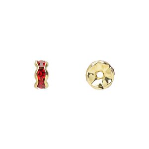 Bead, glass rhinestone and gold-finished brass, red, 7x3mm rondelle. Sold per pkg of 10.