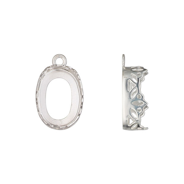Drop, sterling silver, 15x11mm oval with decorative trim and open back with 14x10mm oval cabochon bezel setting. Sold individually. image number 0