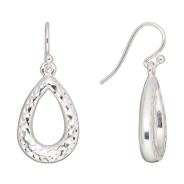 Earring, Create Compliments®, fine silver, electroformed, 33mm diamond-cut open teardrop with fishhook ear wire, 19 gauge. Sold per pair. image number 0