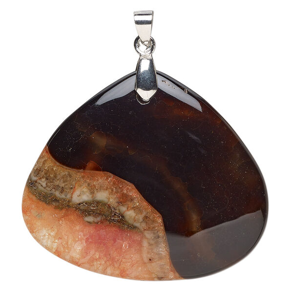 Pendant, red and black agate (dyed) and imitation rhodium-plated brass, 50x43mm teardrop. Sold individually. image number 0