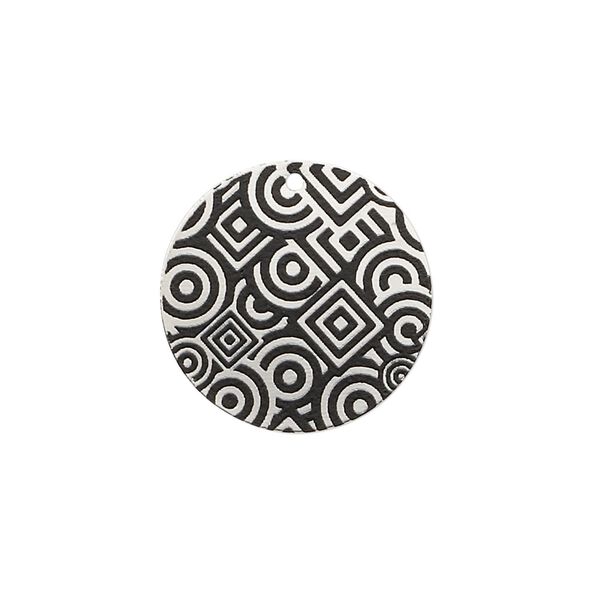 Drop, imitation rhodium-finished carbon steel, black, 20mm single-sided round with geometric design. Sold per pkg of 4. image number 0