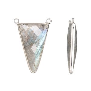Connector, sterling silver and labradorite (natural), 25x15mm hand-cut double-sided faceted triangle with 2 closed loops, Mohs hardness 6 to 6-1/2. Sold individually.