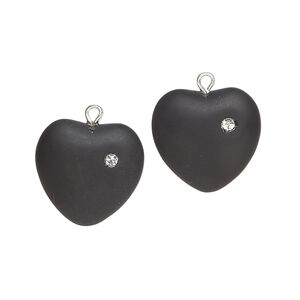 Drop 1pkg2, silver-plated brass / glass / cubic zirconia, opaque black and clear, 16mm frosted heart.