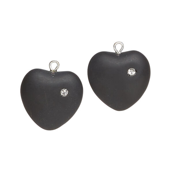 Drop 1pkg2, silver-plated brass / glass / cubic zirconia, opaque black and clear, 16mm frosted heart. image number 0