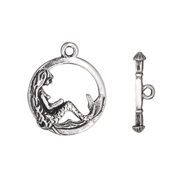 Clasp, toggle, antique silver-plated pewter (tin-based alloy), 17mm double-sided open round with mermaid. Sold individually. image number 0