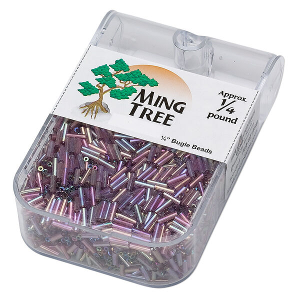 Bead, Ming Tree™, bugle bead, glass, pkg/1/4 pound, 1/4 inch, rainbow transparent light amethyst purple. image number 0