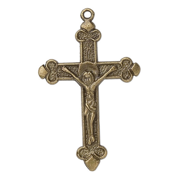 Focal, antique brass-plated "pewter" (zinc-based alloy), 35x24mm double-sided crucifix. Sold per pkg of 10. image number 0