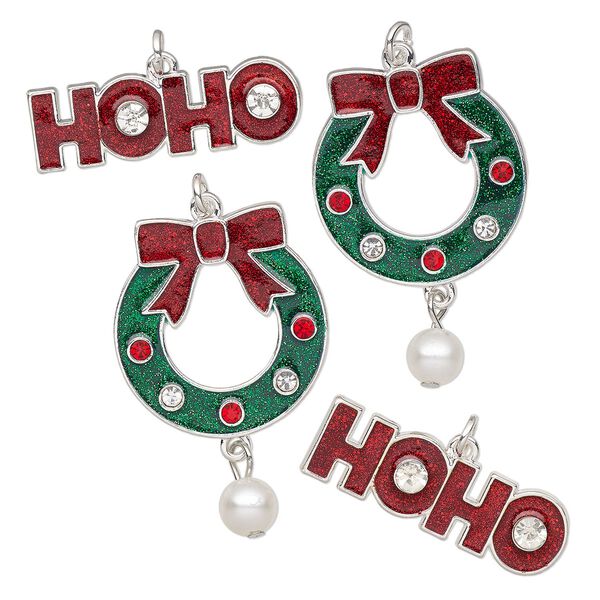 Focal, silver-finished "pewter" (zinc-based alloy) and enamel, multicolored, Christmas shapes. Sold per pkg of 4. image number 0