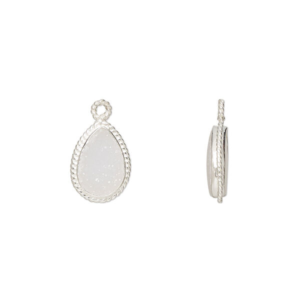 Drop, druzy agate (coated) and sterling silver, white AB, 11x9mm-12x10mm hand-cut single-sided teardrop with rope edge design, B grade, Mohs hardness 7. Sold individually. image number 0