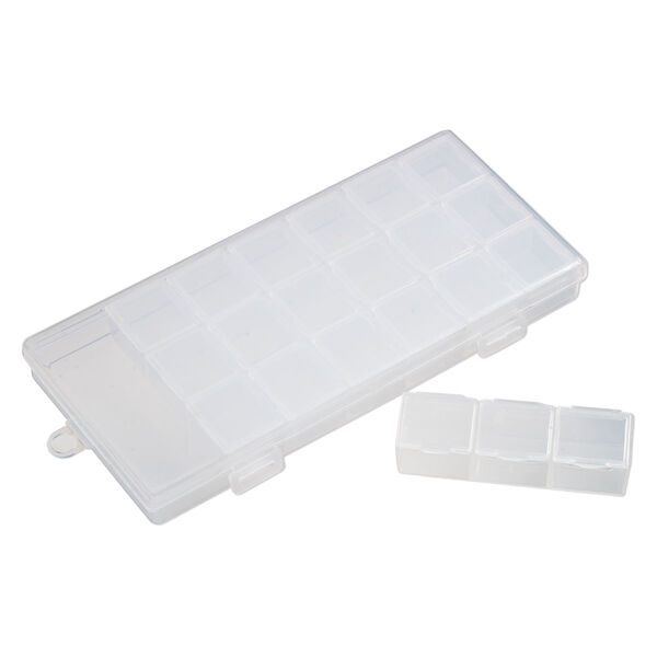 Organizer box, plastic, clear, 7 x 3-1/4 x 3/4-inch with (7) 3-compartment containers and hang tab. Sold per 8-piece set. image number 1