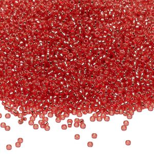 Seed bead, Miyuki, glass, pkg/35g, #15 rocaille, Duracoat® transparent silver-lined light cranberry, (RR-4263).