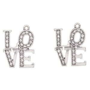 Charm, antique silver-finished "pewter" (zinc-based alloy) and glass, clear, 26x21mm "Love". Sold per pkg of 2.