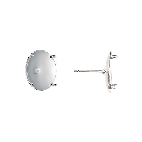 Earstud, silver-plated steel and stainless steel, 14mm round flat pad with 13mm 4-prong round setting. Sold per pkg of 5 pairs. image number 0