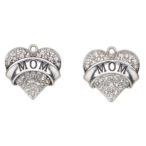 Charm, antique silver-finished enamel "pewter" (zinc-based alloy) and glass, clear and black, 24x23mm heart with "Mom". Sold per pkg of 2.