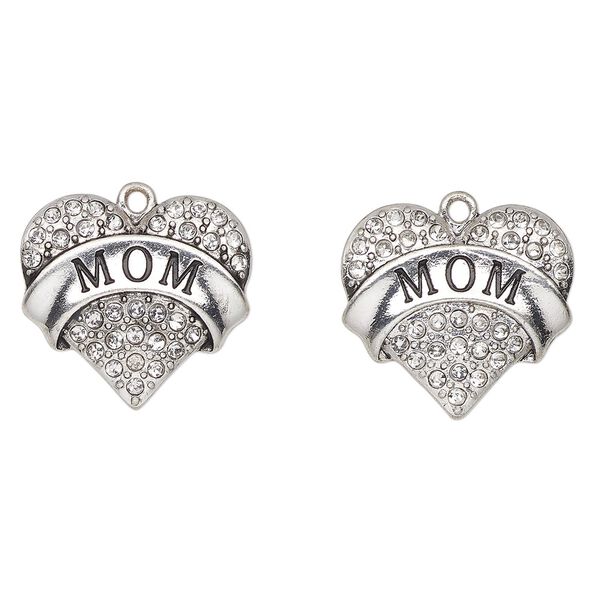 Charm, antique silver-finished enamel "pewter" (zinc-based alloy) and glass, clear and black, 24x23mm heart with "Mom". Sold per pkg of 2. image number 0