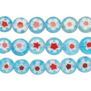 Bead mix, millefiori glass, translucent light blue / red / white, 8-9mm puffed flat round with flower design. Sold per pkg of (3) 14-inch strands.