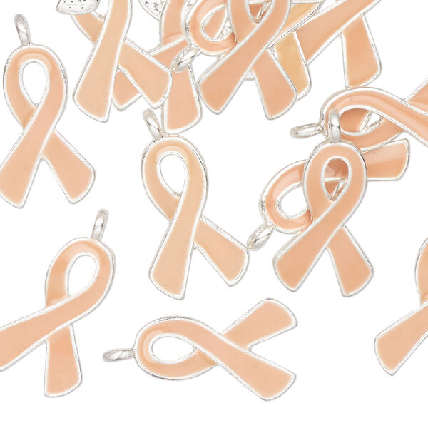 Charm, silver-finished enamel "pewter" (zinc-based alloy), light peach, 17x11mm single-sided awareness ribbon. Sold per pkg of 12. image number 0