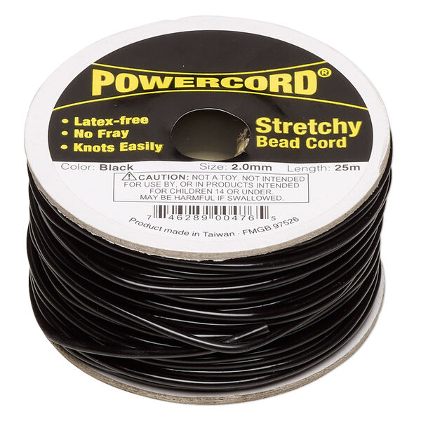 Cord, Powercord®, elastic, black, 2mm, 21.5-pound test. Sold per 25-meter spool. image number 0