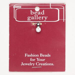 Pendant stainless steel cubic zirconia 1pk 13x6mm round, antique silver finish clear