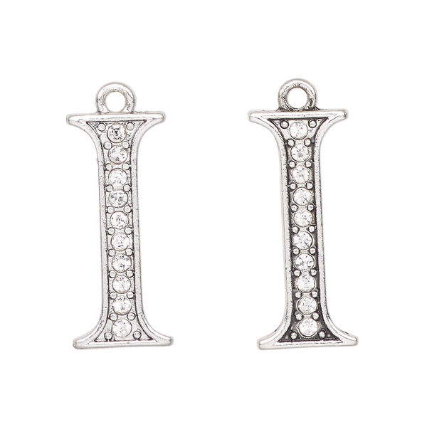 Charm, antique silver-finished "pewter" (zinc-based alloy) and glass, clear, 24x10mm letter "I". Sold per pkg of 2. image number 0